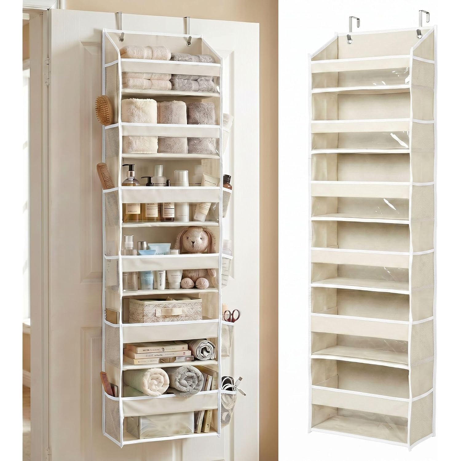 Upgraded 6 Tiers Over The Door Organizer Hanging - 100D Extra Thick & 50Lbs Huge Capacity, 12 Side Mesh Pockets Over The Door Shoe Organizer, Hanging Closet Organizer (Ivory, 1Pc)