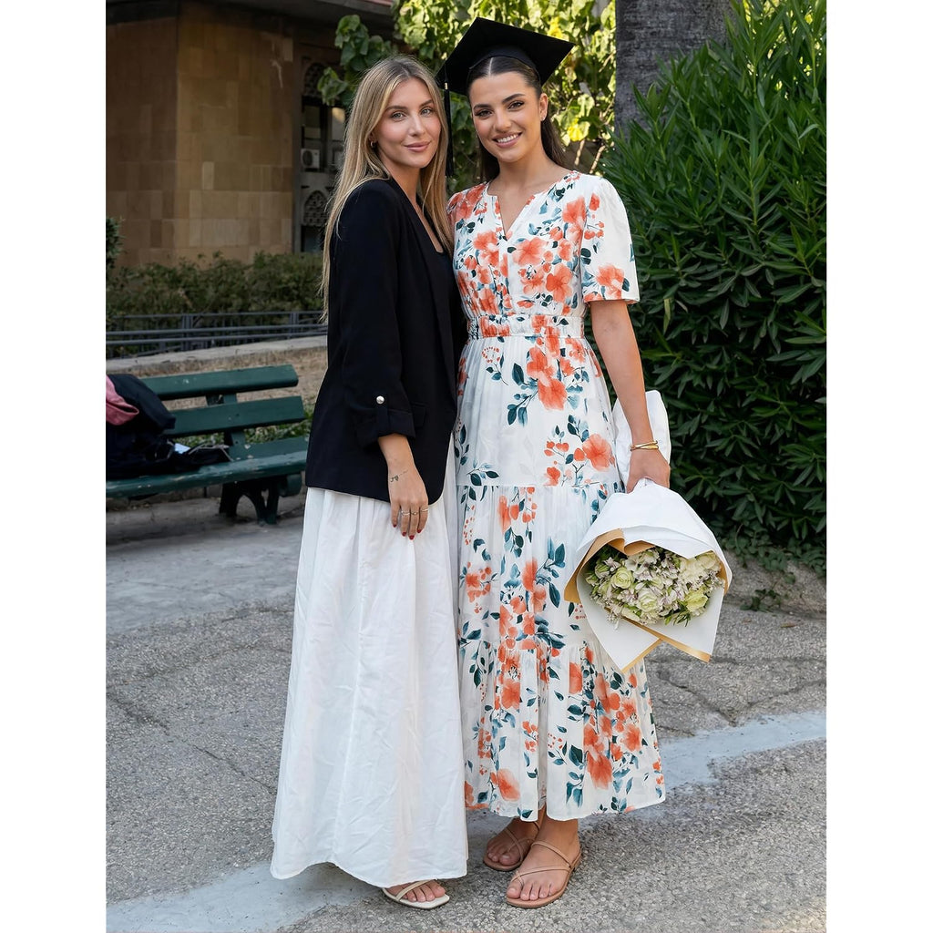 Zesica Women'S 2026 Summer Spring Floral Boho Maxi Dresses Casual Short Sleeve V Neck A Line Flowy Beach Vacation Dress