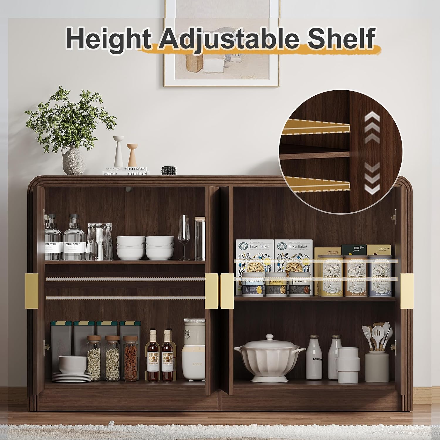 Decofy 55" Fluted Buffet Sideboard Cabinet, Modern Mid Century Console Cabinet With Adjustable Shelves & Wavy Grain Doors For Kitchen Cabinet Storage,Living Room,Entryway,Coffee Bar Cabinet (Walnut)