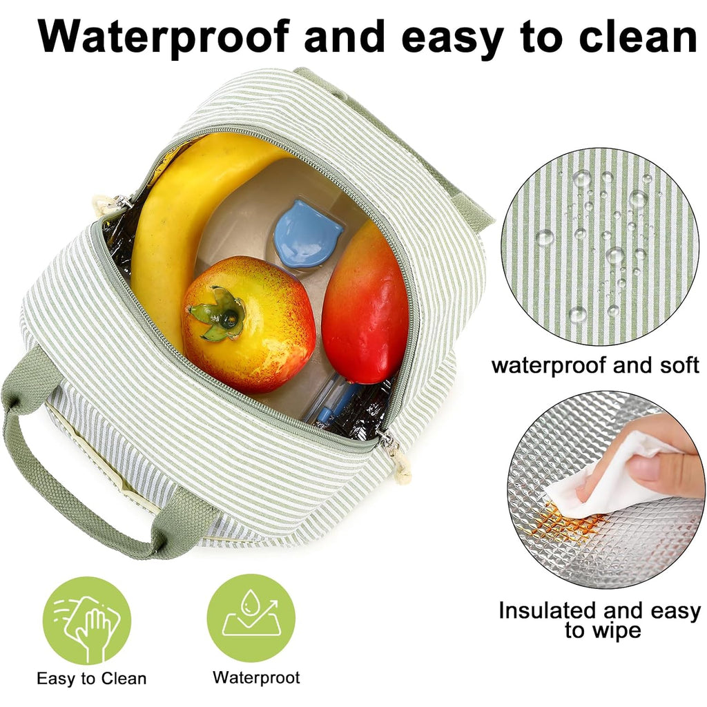 Bluboon Lunch Box For Women Cute Lunch Bag Reusable Insulated Lunch Bags Large Capacity Lunchbox Cooler For Work Picnic Or Travel Gifts (A Sage Green White Stripes, 10 X 7.5 X 8 Inches)