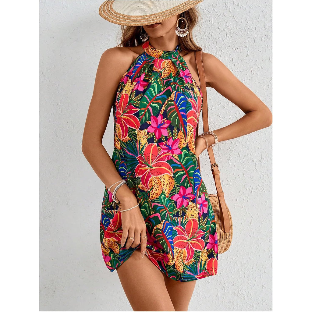 Floerns Women'S Sleeveless Floral Print Sundress Halter Neck A Line Short Dress