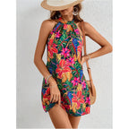 Floerns Women'S Sleeveless Floral Print Sundress Halter Neck A Line Short Dress
