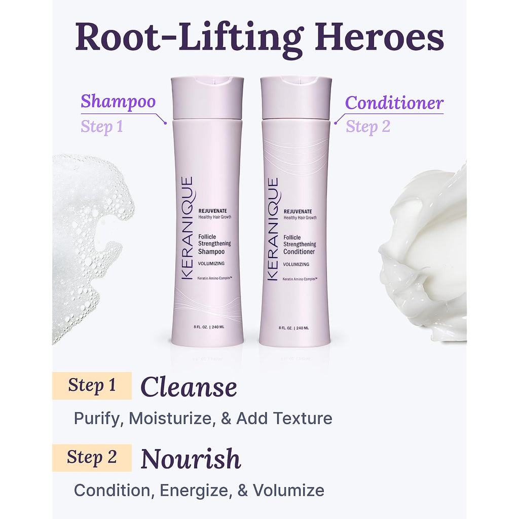 Keranique Volumizing Shampoo & Conditioner Set For Hair Repair, Growth & Thinning Hair Support – Keratin, Biotin, Menthol & Niacinamide, Lightweight Strengthening Formula - Keratin Amino Complex™