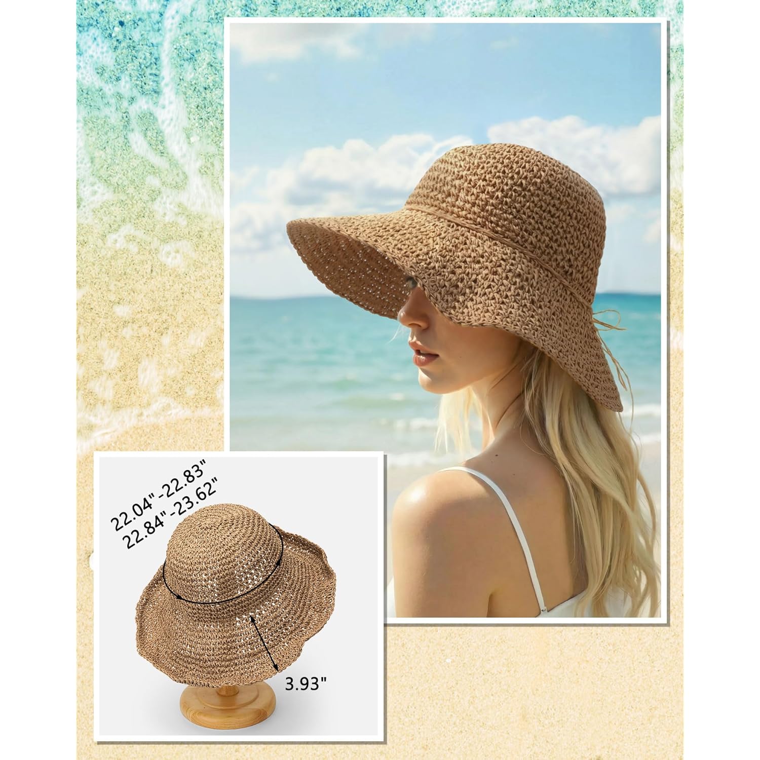 Senker Fashion Beach Straw Hats for Women, Handmade Floppy Bucket Sun Hat for Summer Vacation Wide Brim Packable Travel