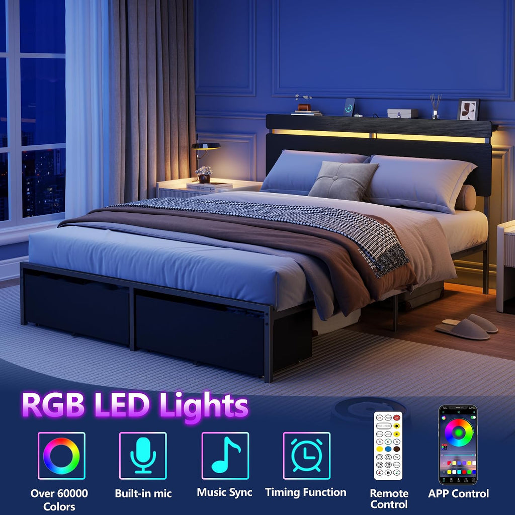 Forestell Queen Bed Frame With Wood Headboard, Black Platform Bed With 2 Storage Drawers & Shelf, Built-In Charging Station & Led Lights, Metal Support, No Box Spring Needed, Cama Queen Size