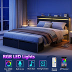 Forestell Queen Bed Frame With Wood Headboard, Black Platform Bed With 2 Storage Drawers & Shelf, Built-In Charging Station & Led Lights, Metal Support, No Box Spring Needed, Cama Queen Size