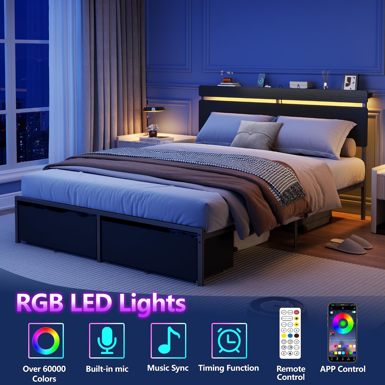 Forestell Queen Bed Frame With Wood Headboard, Black Platform Bed With 2 Storage Drawers & Shelf, Built-In Charging Station & Led Lights, Metal Support, No Box Spring Needed, Cama Queen Size