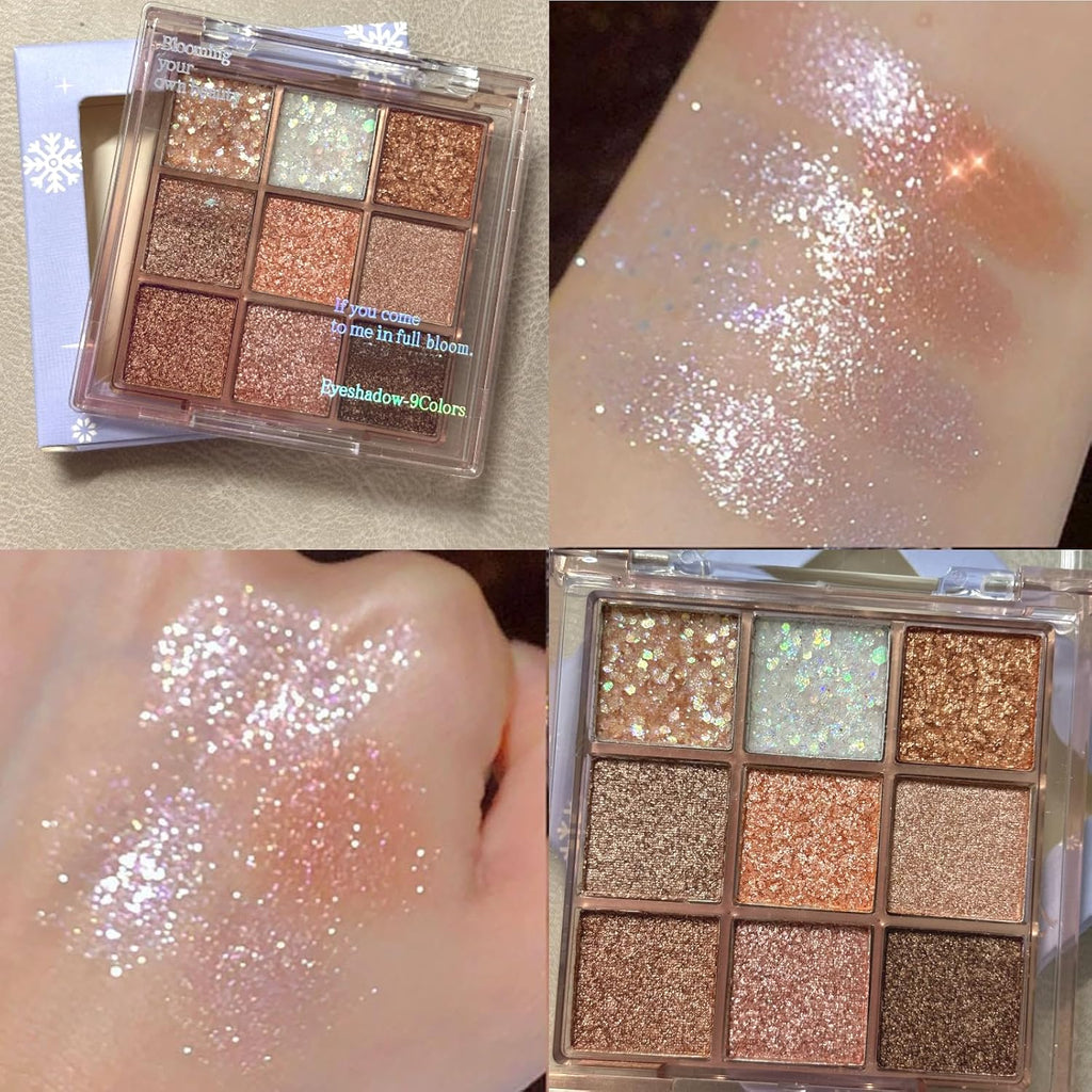 9 Colors Glitter Shimmer Eyeshadow Makeup Palette, Korean Sparkle Neutral Eye Shadow Palettes Highly Pigmented Long Lasting Waterproof Blendable Sombras Para Ojos Pink White Golden Brown Eye Glitter