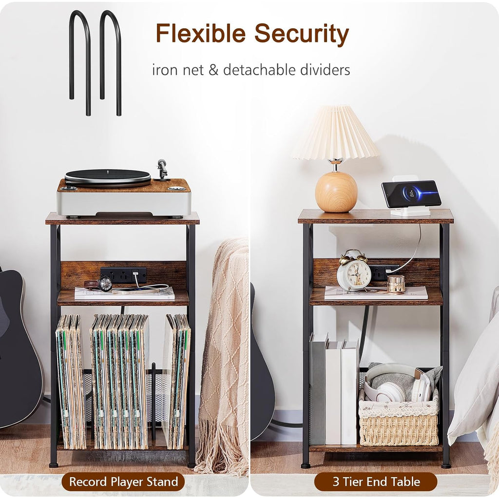 Amhancible Record Player Stand With Charging Station, Turntable Stand With Storage Cabinet, 3 Tier End Table Hold Up To 100 Albums, Record Table For Vinyl, Living Room, Rustic Brown, Hetcd01Br-1