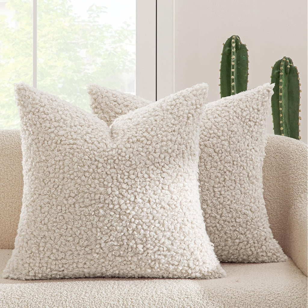 Miulee Faux Fur Decorative Sherpa Throw Pillow Covers 18X18 Inch Pack Of 2 | Neutral Light Beige Pillow Covers Fuzzy Accent Soft Sheepskin Fleece For Boho Home Decor Sofa Living Room Couch Bed