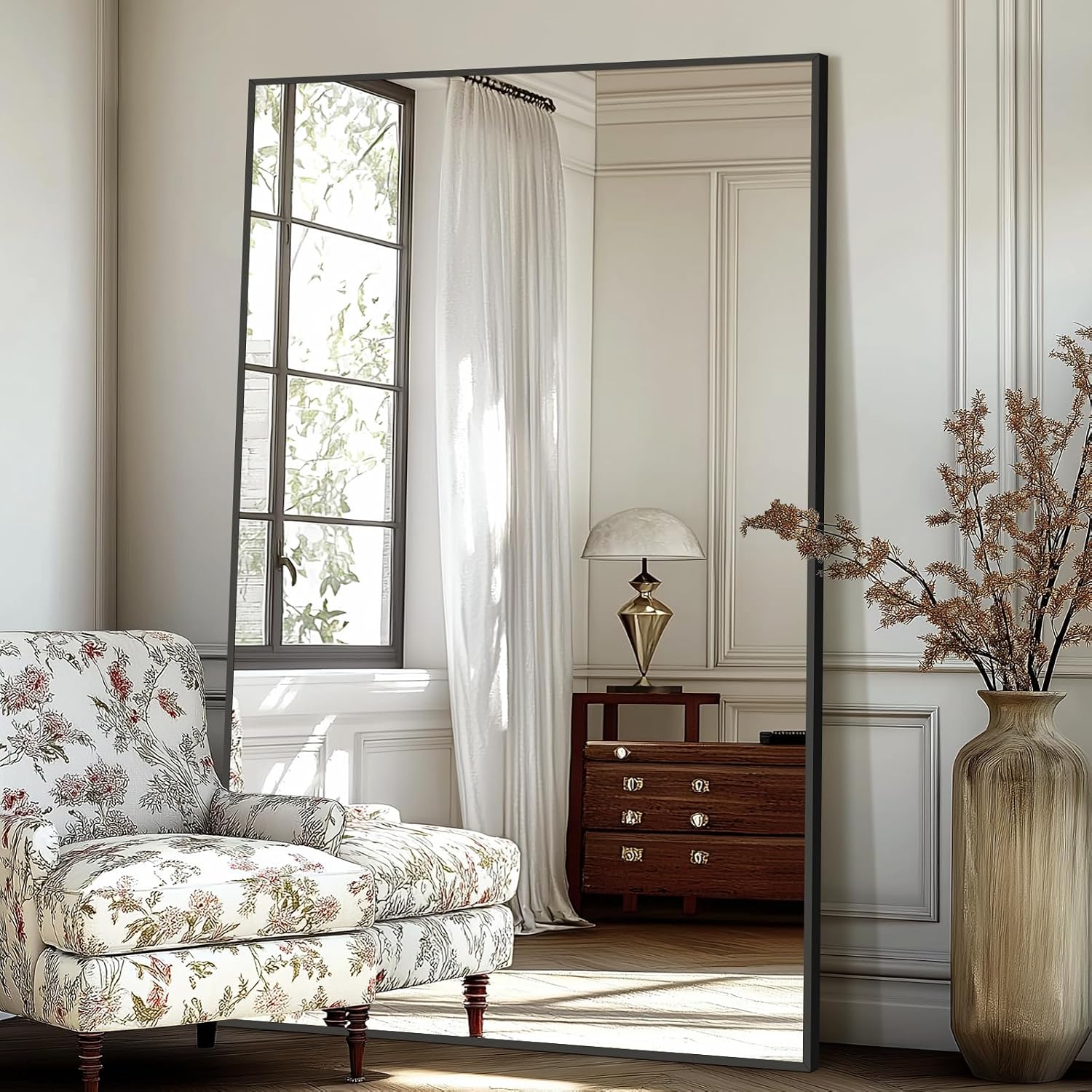 Large Mirror Full Length 72"X44", Oversized Floor Mirror With Stand, Black Free Standing Mirror Full Length For Gym Bedroom Living Room, Hanging Or Wall Mounted, Shatterproof Tempered Glass