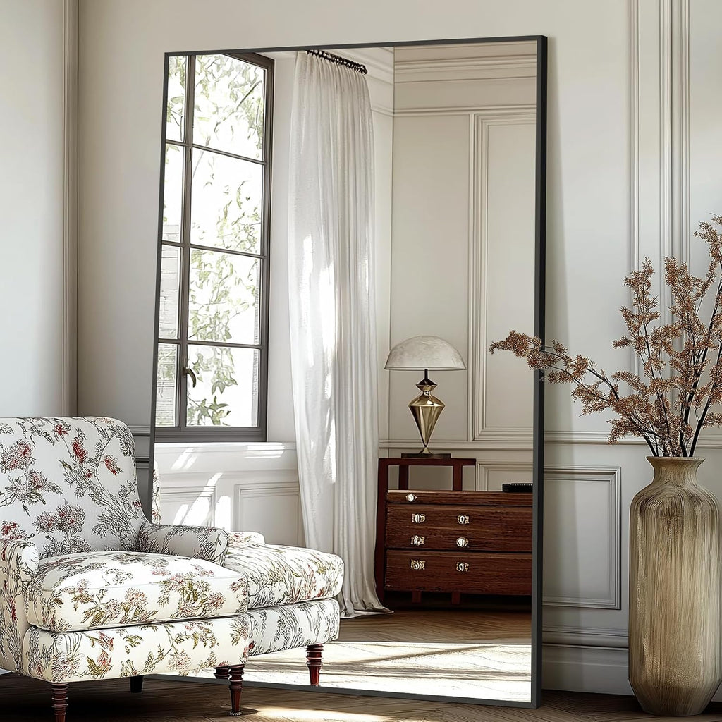 Large Mirror Full Length 72"X44", Oversized Floor Mirror With Stand, Black Free Standing Mirror Full Length For Gym Bedroom Living Room, Hanging Or Wall Mounted, Shatterproof Tempered Glass