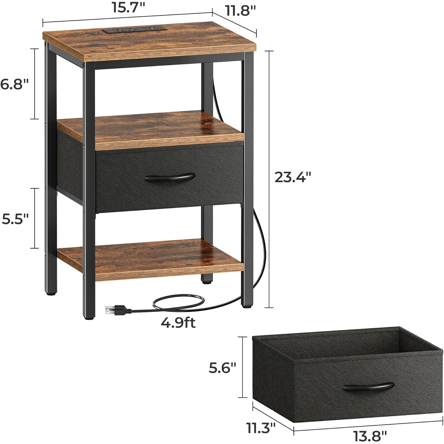 SUPERJARE Nightstand with Charging Station, Bed Side Table with Adjustable Fabric Drawer, Night Stand for Bedroom, 3-Tier Storage End Table, for Living Room, Rustic Brown and Black