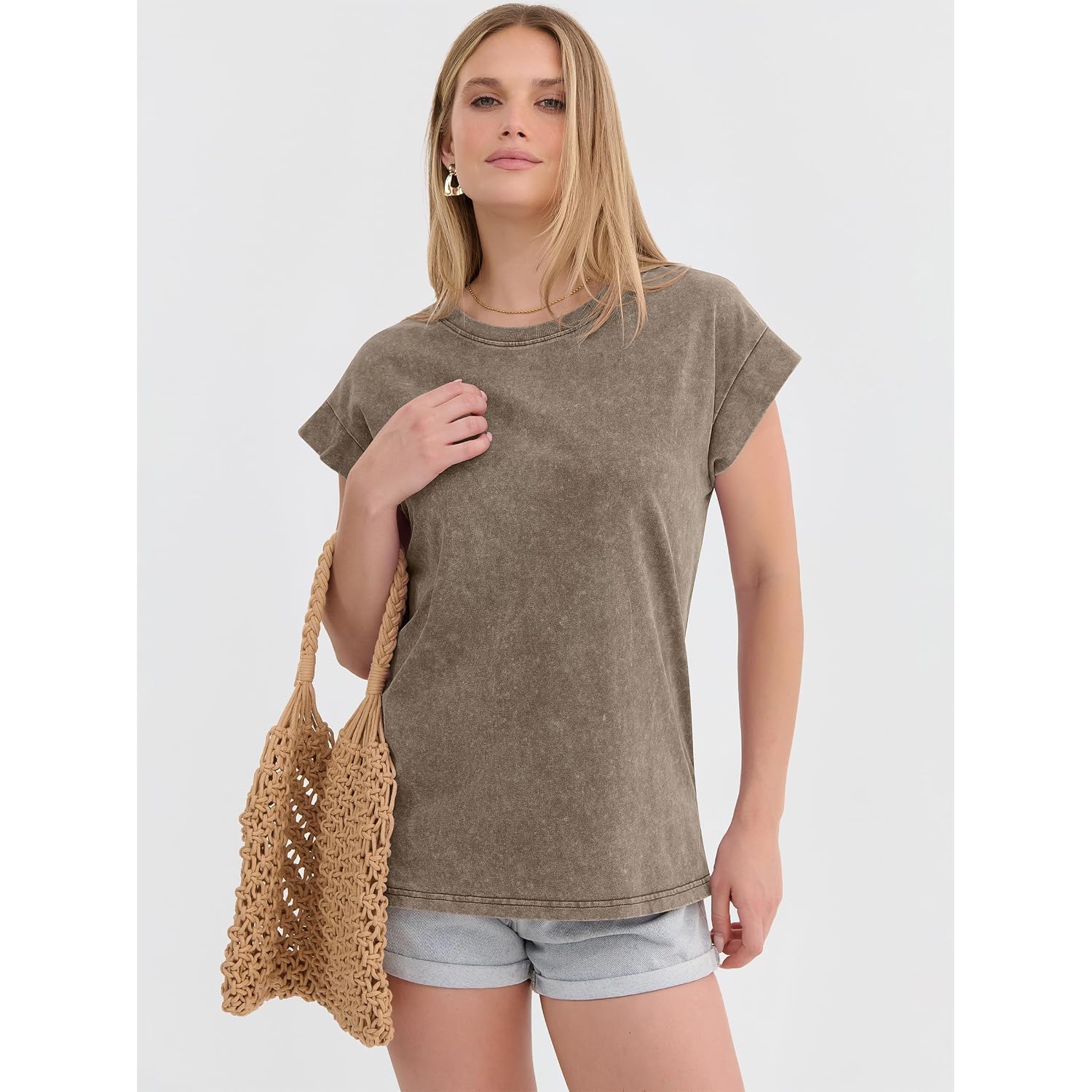 ANRABESS Womens Acid Washed T-Shirt Cap Sleeve Vintage Casual Crew Neck Tops Summer Basic Tee 2026 Fashion Clothing