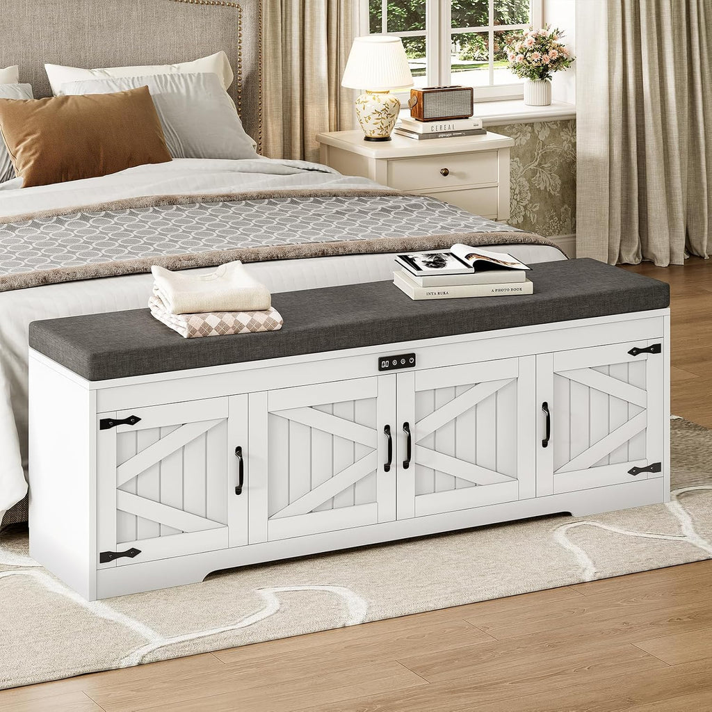 60“ Farmhouse Shoe Storage Bench With Deodorizing, Entryway Storage Bench With Cushion Seat, 4 Doors Freestanding Hidden Shoe Rack, Adjustable Shelf, For Bedroom, Living Room (White, 60In)