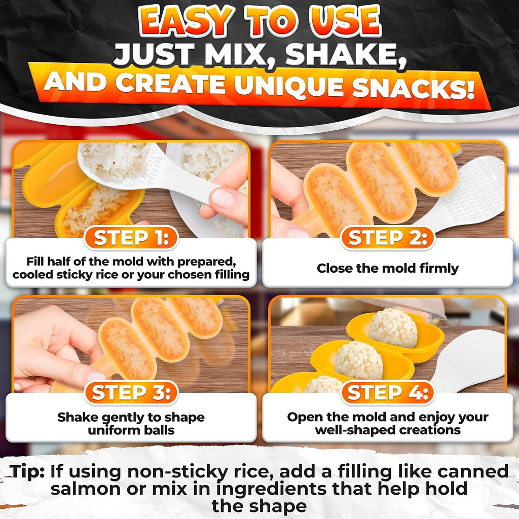 Rice Ball Mold, Shake To Make 3 Bite-Size Balls In Seconds | Rice Ball Maker Mold; Makes 3 Bite-Size Portions; Easy Release; For Bento, Temari Sushi & Yaki-Onigiri; With Scoop