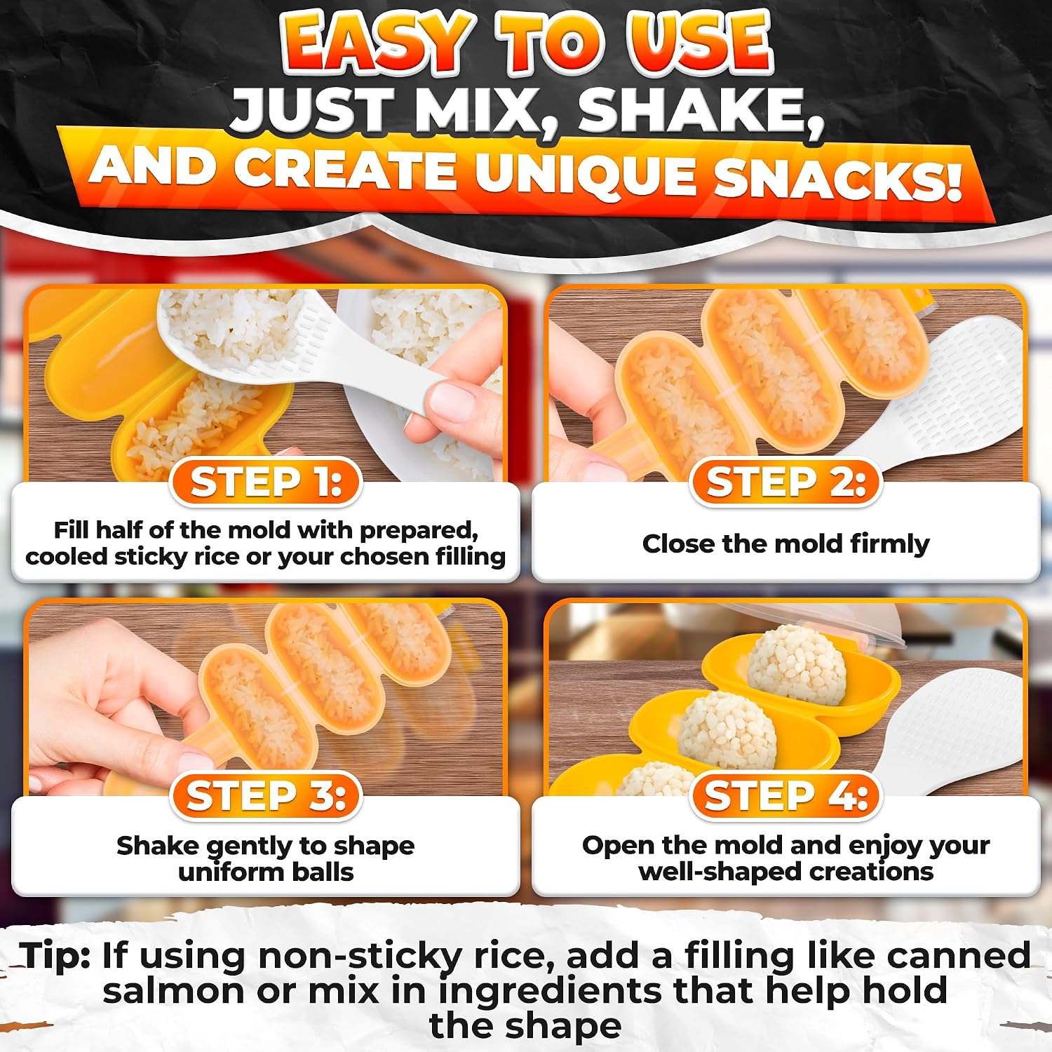 Rice Ball Mold, Shake To Make 3 Bite-Size Balls In Seconds | Rice Ball Maker Mold; Makes 3 Bite-Size Portions; Easy Release; For Bento, Temari Sushi & Yaki-Onigiri; With Scoop
