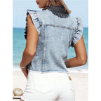 Soly Hux Women'S Denim Jacket Ruffle Cap Sleeve Button Down Trendy Crop Jean Jackets Coat