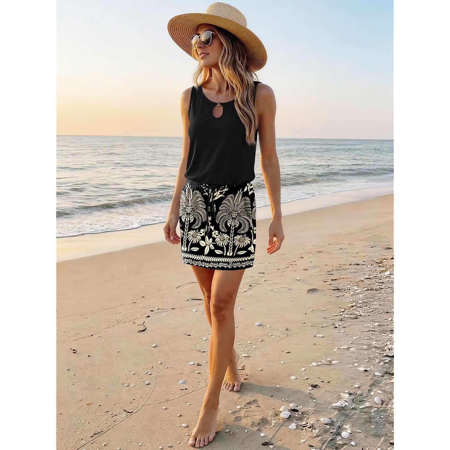 Saukole Womens Summer Causal Loose Sleeveless Crew Neck Drawstring Waist Mini Short Dress With Pockets