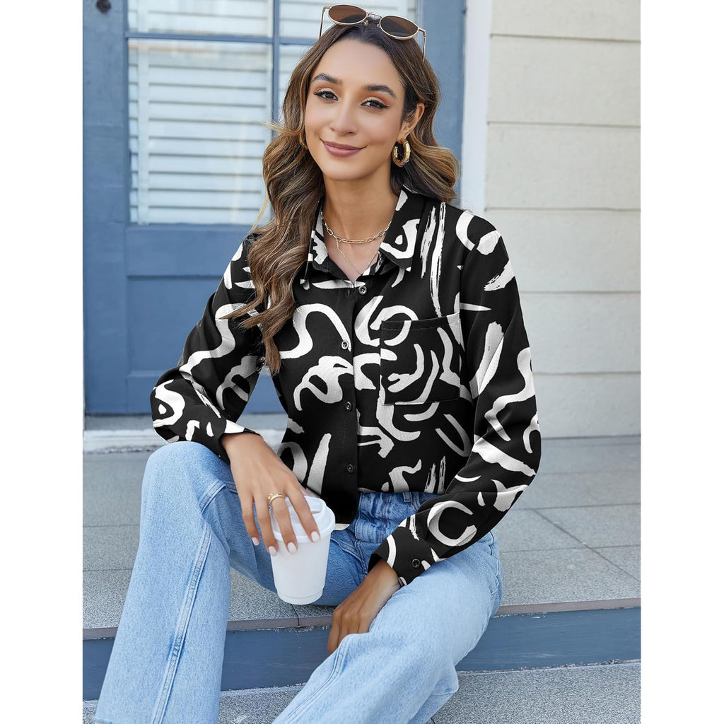 Womens Button Down Shirts Long Sleeve Dress Shirts Casual V Neck Collared Tops Work Office Blouse with Pocket