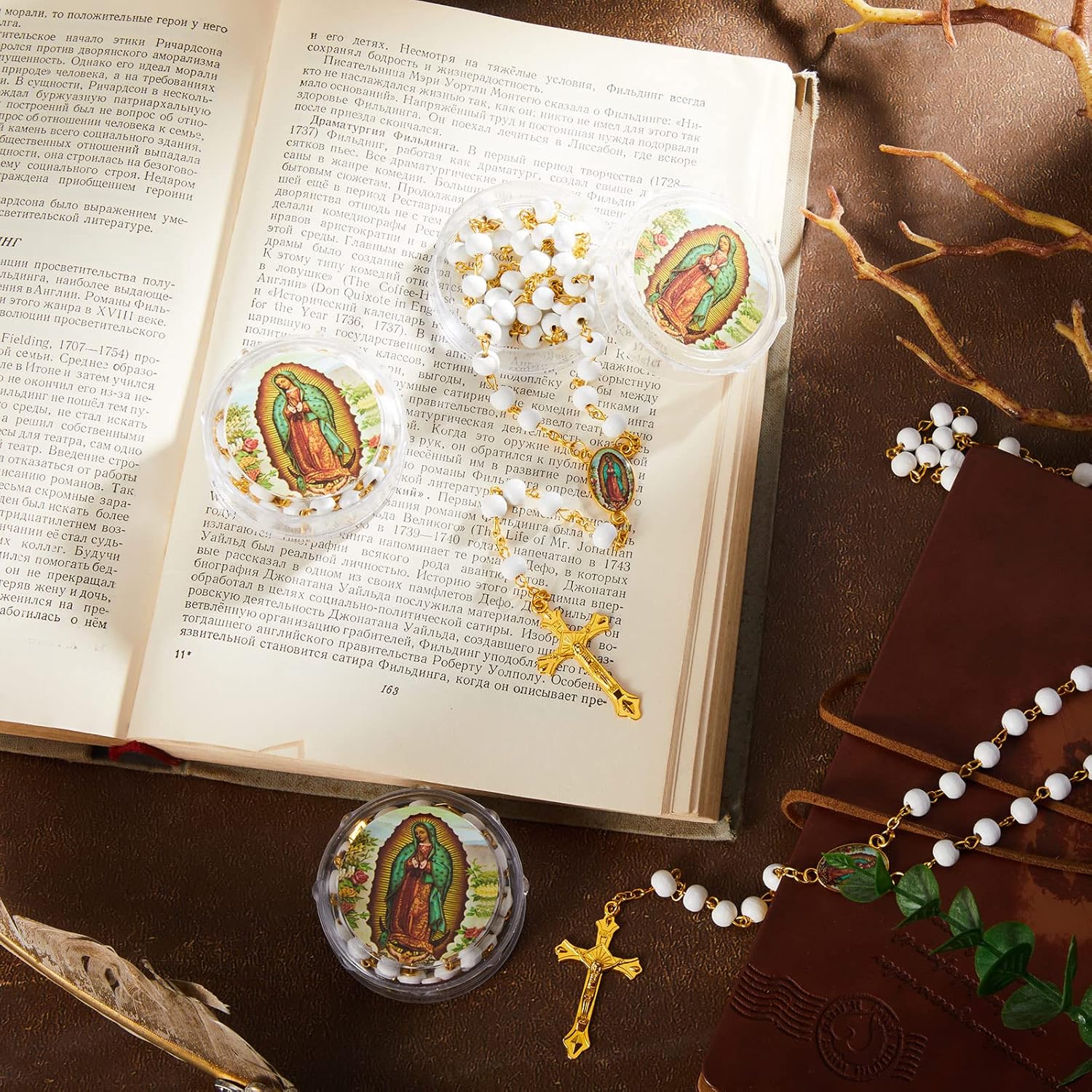 Jadive 100 Pcs Scented Rosary Beads Necklace with Gift Box Lady Guadalupe Wooden Rosary Beads Bulk with Crucifix for Women Men First Communion Baptism Favors Catholic Gifts