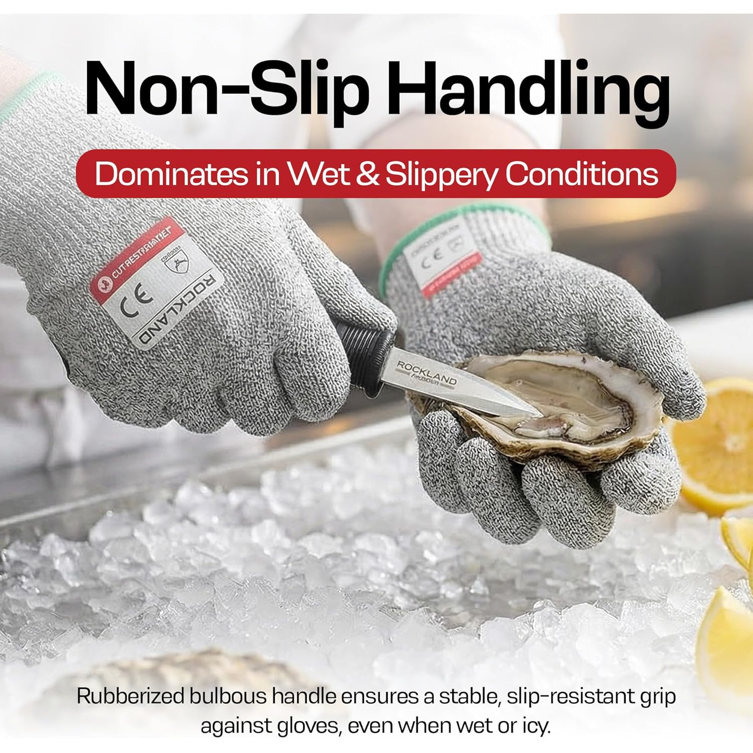 Rockland Guard Professional Oyster Shucking Kit - 3.5” Heavy Duty Stainless Steel Oyster Shucking Knife and Level 5 Cut Resistant Gloves, Clam Opener Shucker and Seafood Tool Gift Set, Large