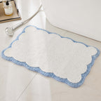 Luxury Microfiber Bathroom Rugs, White Bath Rug With Blue Scalloped Piping Cute Aesthetic Preppy Bath Mat For Bathroom, Tub, Floor Carpet, Sink, Shower, Anti Slip, Absorbent, 32X20