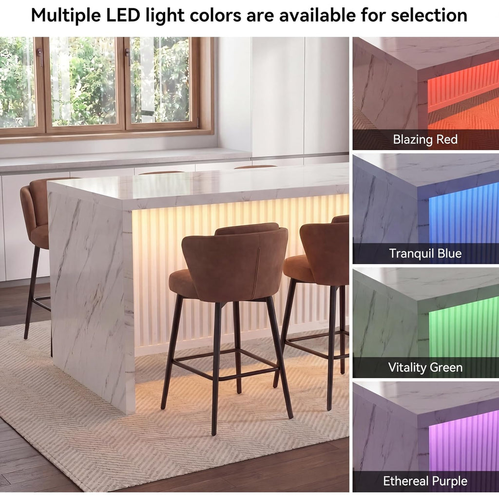 71’’ Large Faux Marble Dining Table For 6 People, 37.4’’H Tall Modern Kitchen Island With Led Lights, Rectangle Kitchen Dining Table For Home