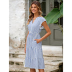 Glamaker Floral Tiered Midi Sundress Casual Summer V Neck Flutter Sleeve Striped Sun Dress With Pockets