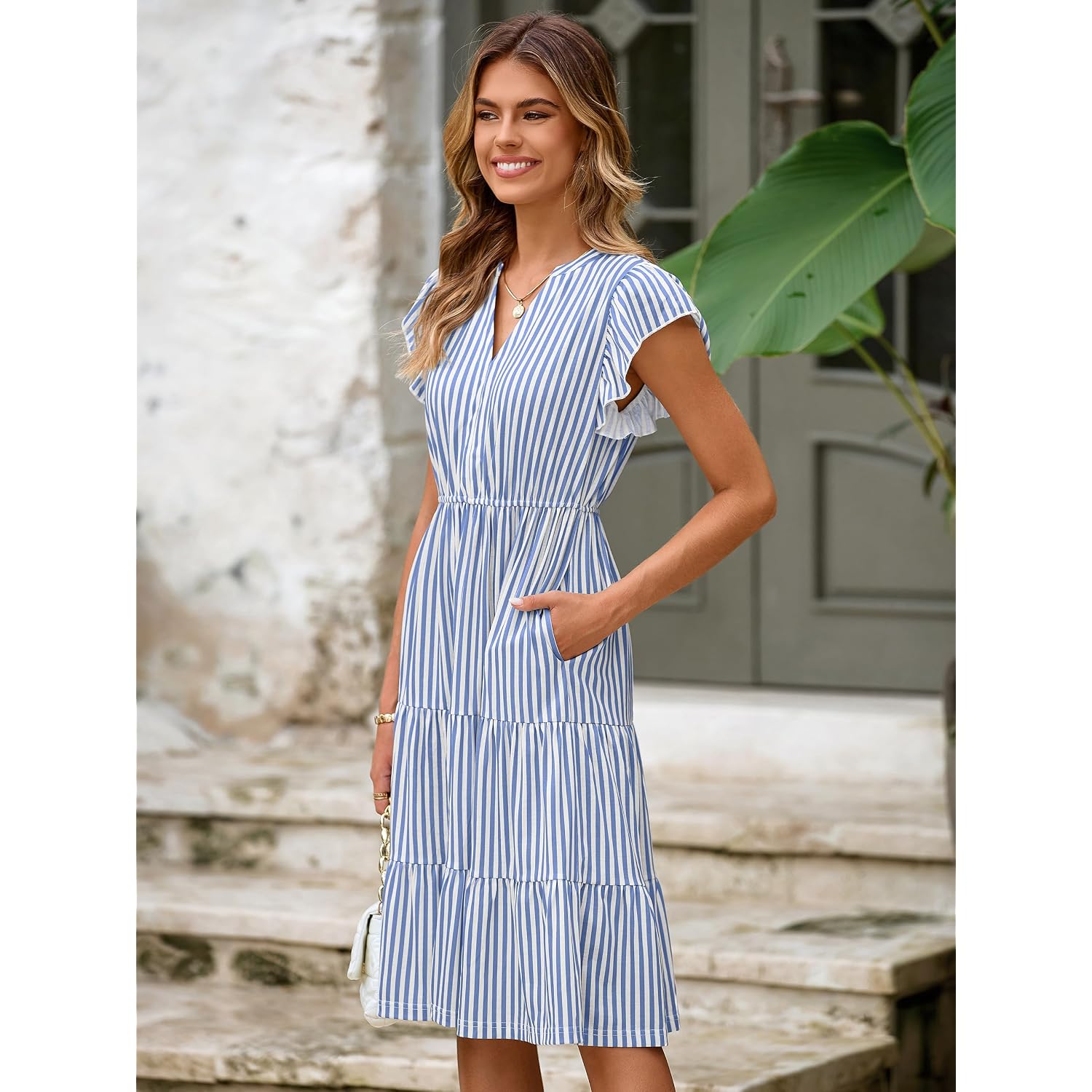 Glamaker Floral Tiered Midi Sundress Casual Summer V Neck Flutter Sleeve Striped Sun Dress With Pockets