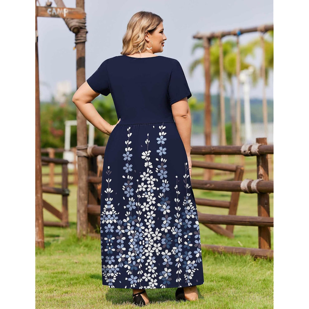 In'Voland Plus Size Maxi Dresses For Women Summer Petal Short Sleeve Dress Casual Loose Flowy Long Sundress With Pockets