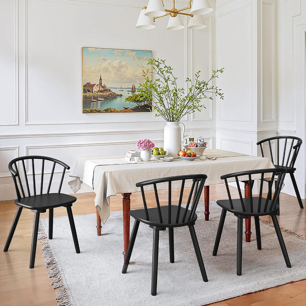 Lue Bona Black Dining Chairs Set Of 4, Farmhouse Wood Dining Chairs With Semicircular Backrest, Spindle Dining Chair For Kitchen And Dining Room, 18 Inch