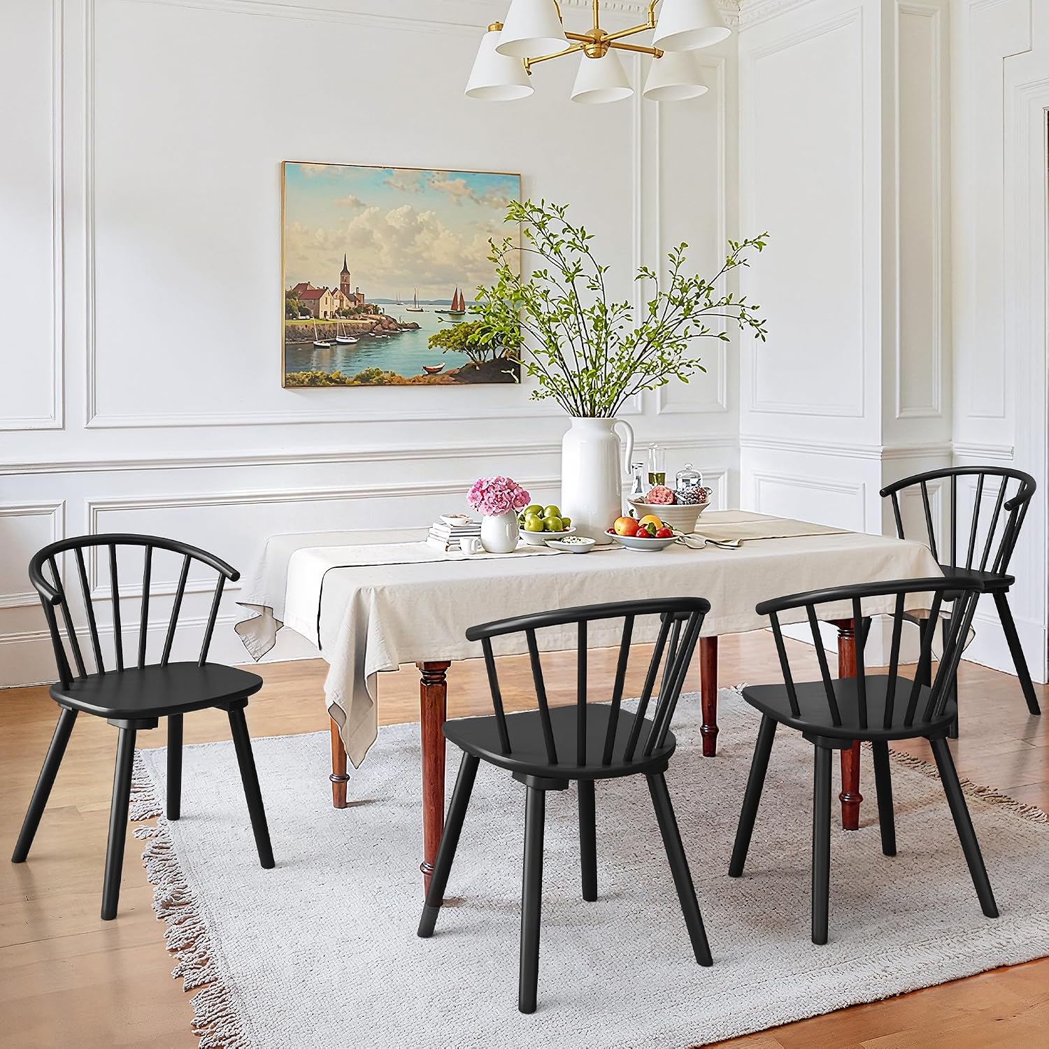 Lue Bona Black Dining Chairs Set Of 4, Farmhouse Wood Dining Chairs With Semicircular Backrest, Spindle Dining Chair For Kitchen And Dining Room, 18 Inch