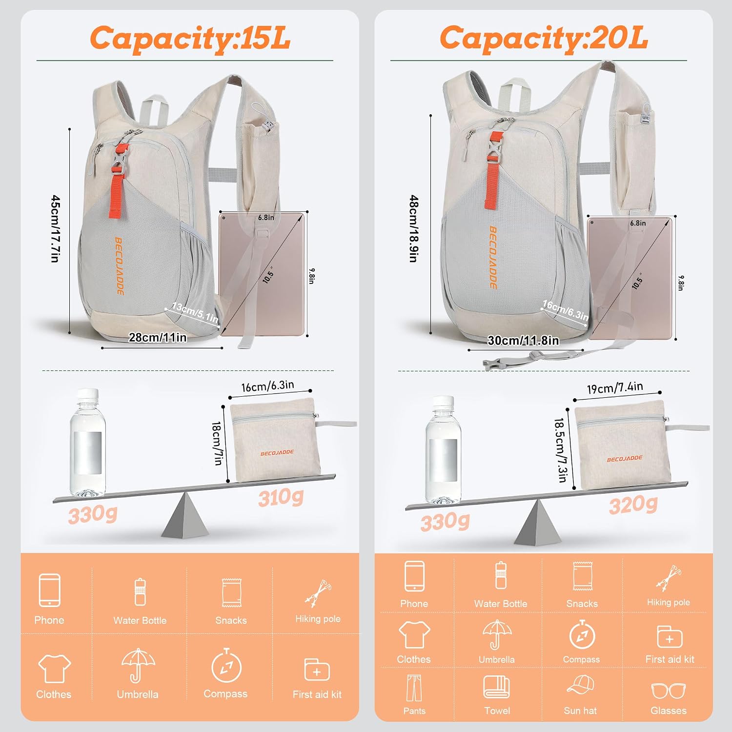 15L Small Hiking Backpack For Men Women Foldable Packable Back Pack Ultralight Hiking Daypack For Travel Camping Outdoor, Beige