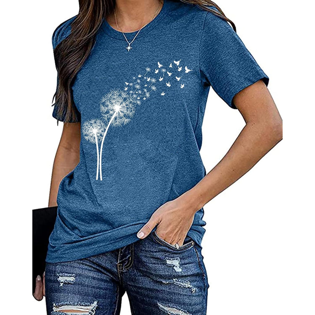 Womens Dandelion Shirts Boho Flower Graphic Tee Scatter Kindness T Shirts Casual Summer Floral Tops Blue