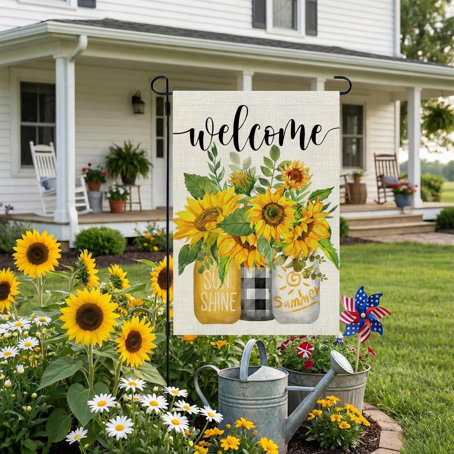 Summer Sunflower Garden Flag Mason Jar Double Sided 12X18 Inches Small Burlap Seasonal Welcome Yard Porch Decoration For Outside