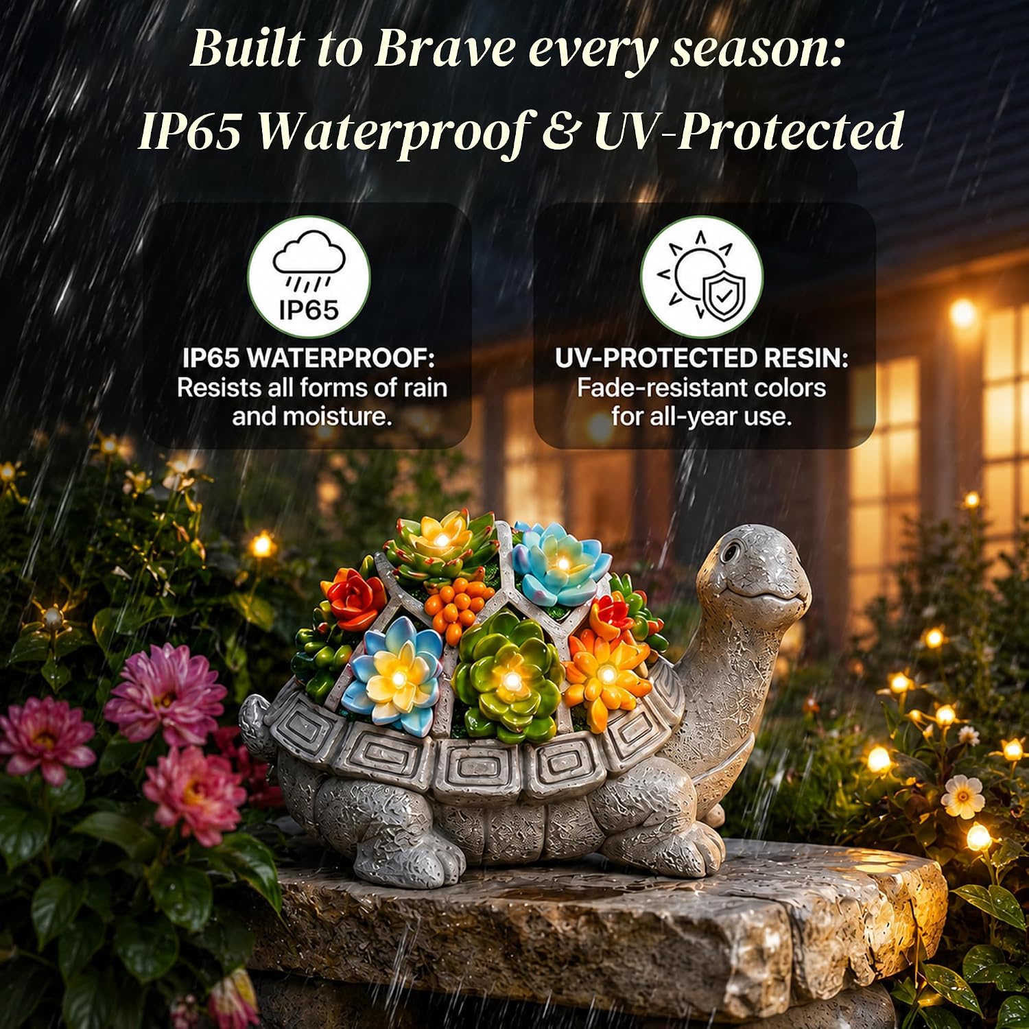Solar Garden Outdoor Statues Turtle With Succulent And 7 Led Lights - Lawn Decor Statue For Patio, Balcony, Yard Ornament - Gifts For Mom Grandma Women