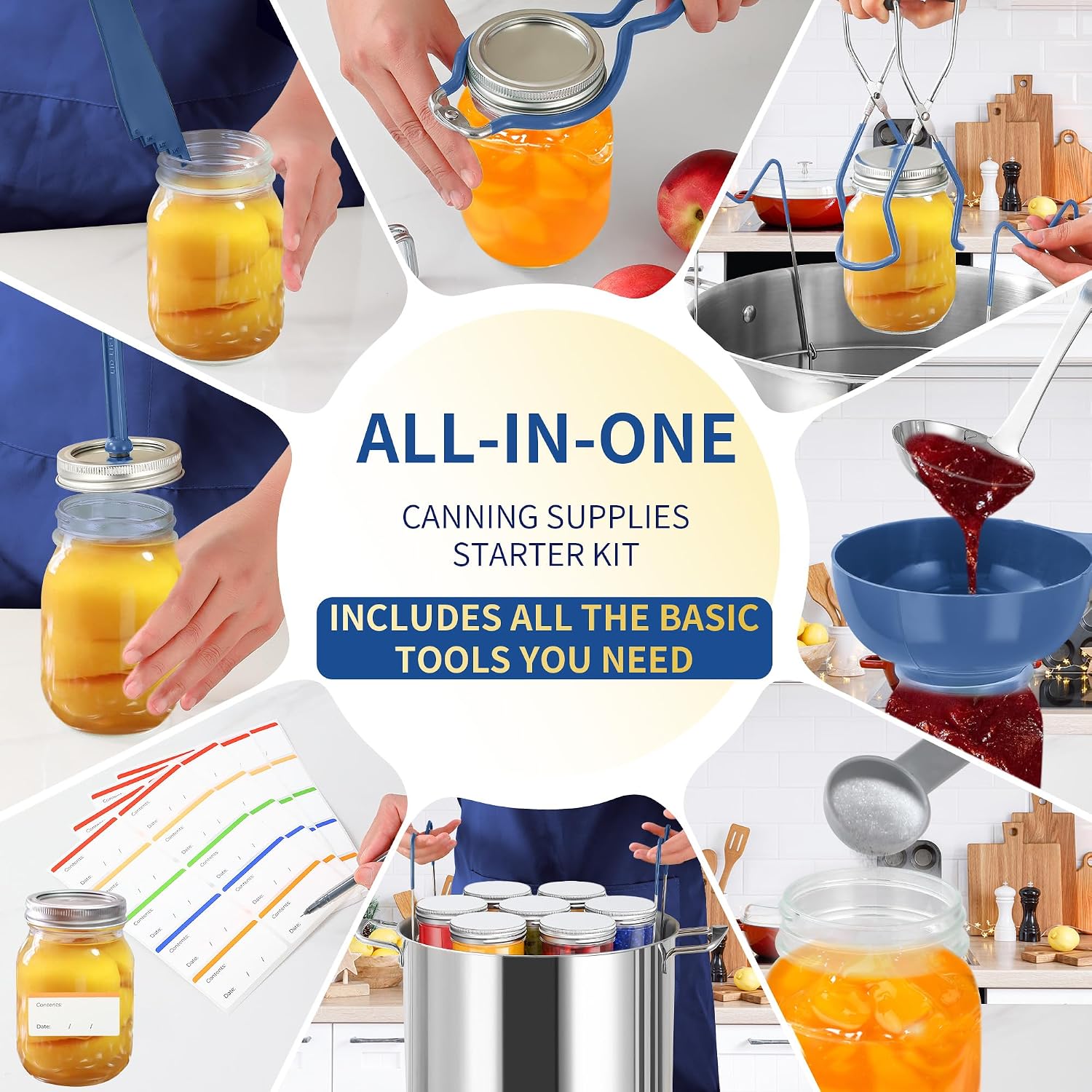 Canning Supplies Starter Kit,Canning Kit For Beginners Of 9 With Jar Lifter，Wide Mouth Funnel,Wrench,Tongs,Lid Lifter,Bubble Popper,Canning Labels,Ladle,Measuring Spoon-Blue