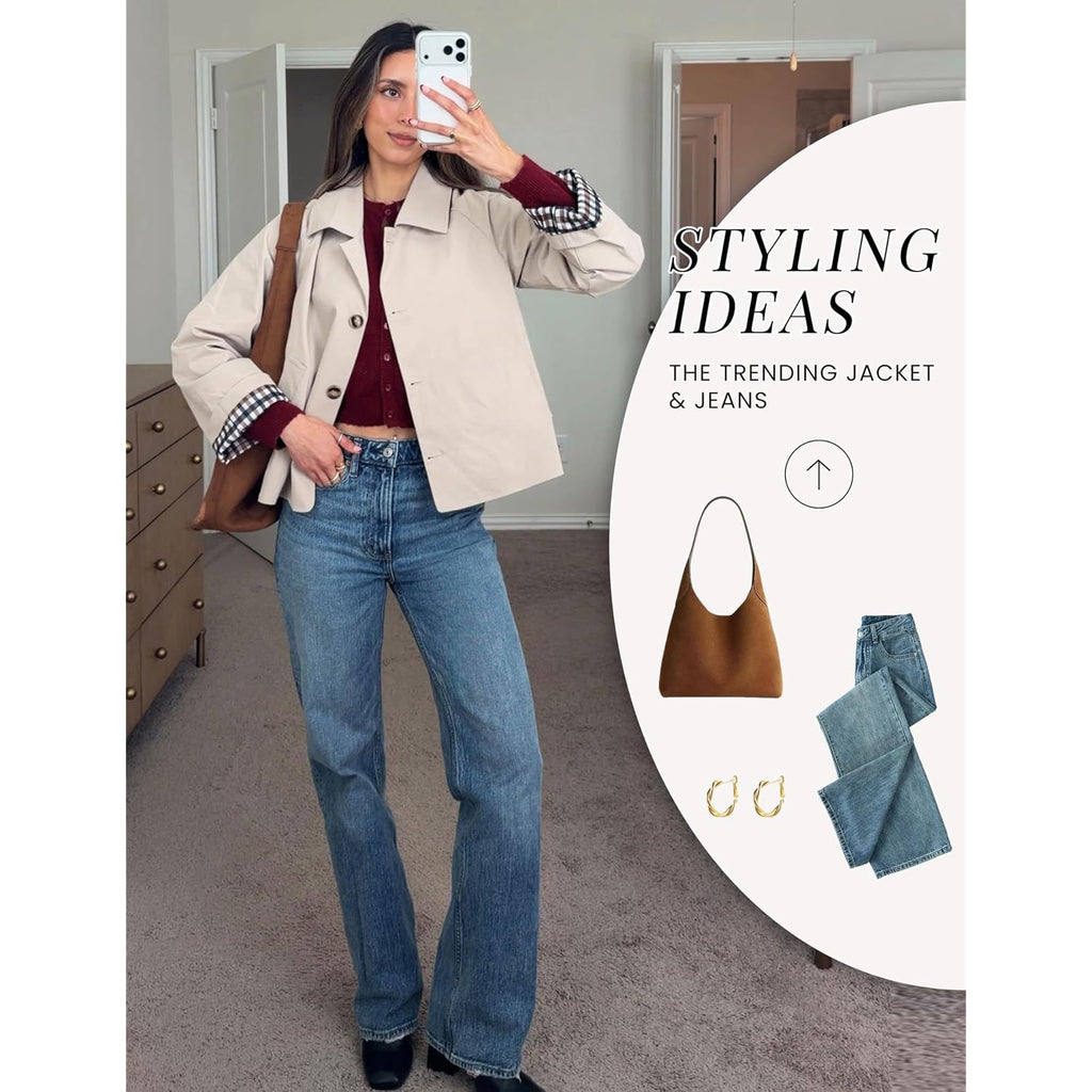 Dqbeng Womens Short Trench Jacket Plaid Lining Button Front Lightweight Classic Casual Outerwear With Pockets