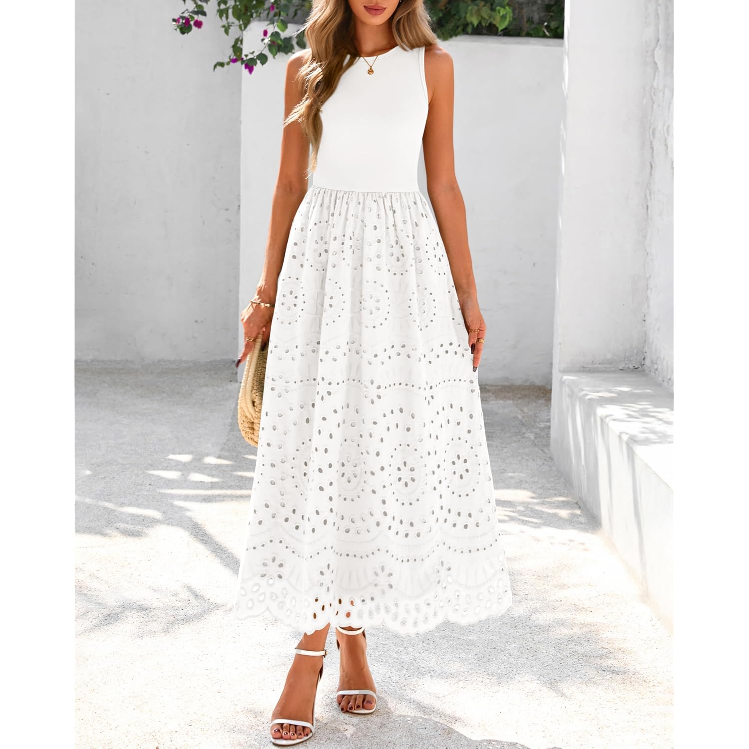 Dowerme Women Summer Dresses 2026 Casual Sleeveless Crewneck A-Line Boho Lace Eyelet Cotton Tank Maxi Dress With Pockets