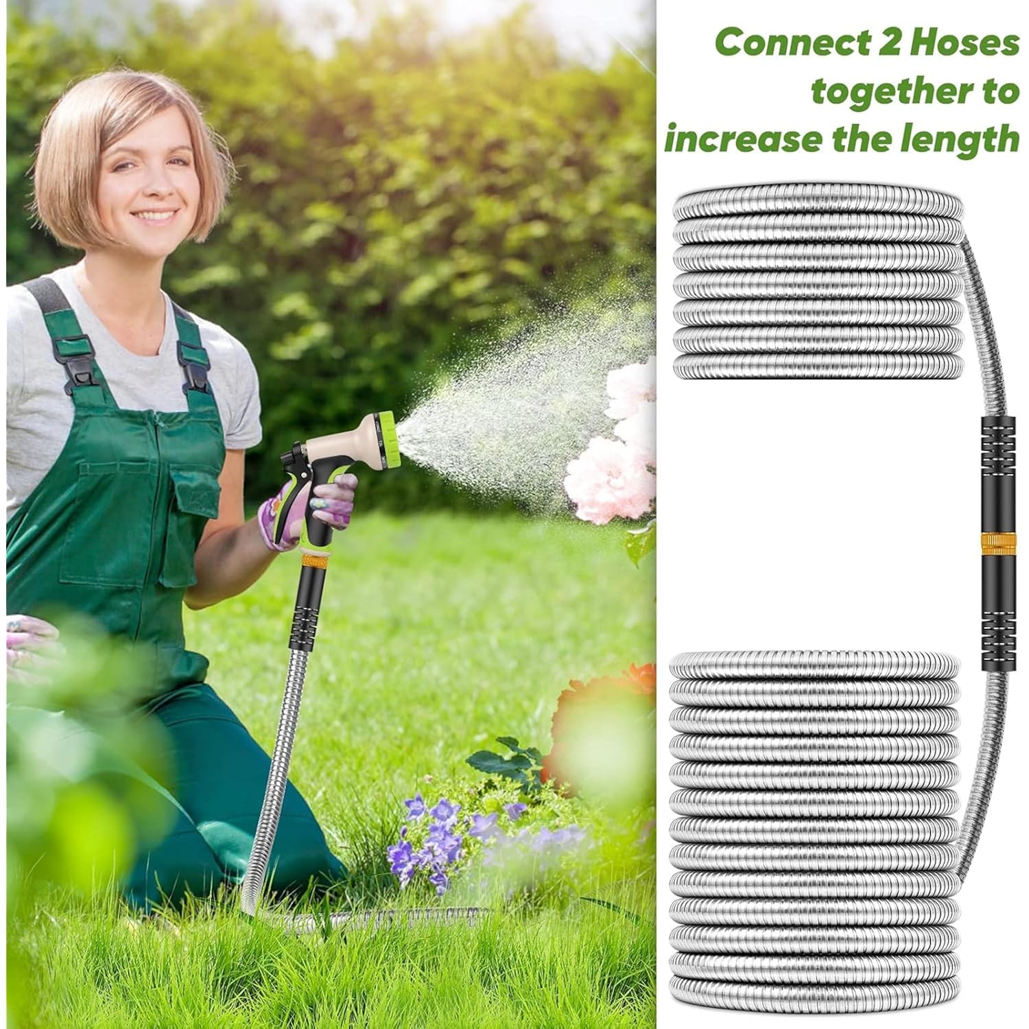 Garden Hose 50 Ft, Stainless Steel Water Hose With 10 Function Nozzle Flexible, Heavy Duty, Lightweight, No-Kink, Pet Proof, Puncture Proof Hose Metal For Yard, Outdoor
