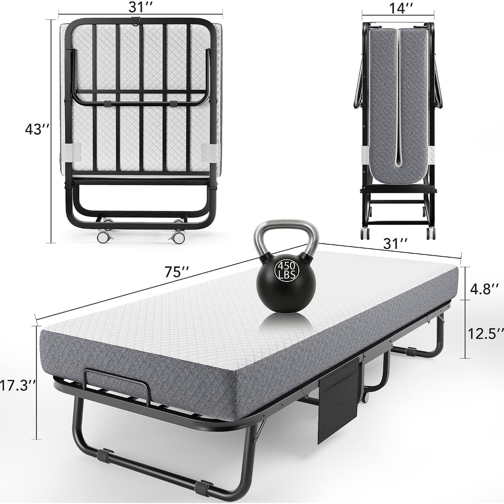 Folding Bed With Memory Foam Mattress, 75" X 31" Cot Size Portable Foldable Bed With Movable Wheels, Space-Saving Sturdy Metal Frame, Twin Rollaway Bed For Adults For Guest Room, Apartment, Camping
