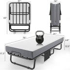 Folding Bed With Memory Foam Mattress, 75" X 31" Cot Size Portable Foldable Bed With Movable Wheels, Space-Saving Sturdy Metal Frame, Twin Rollaway Bed For Adults For Guest Room, Apartment, Camping