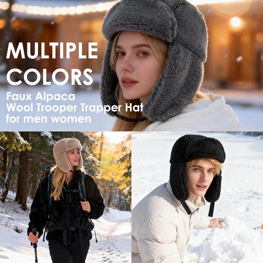 Faux Alpaca Wool Trooper Trapper Hat for Men Women, Winter Aviator Pilot Hat,Soft Fleece Warm Ear Flaps Windproof Outdoor