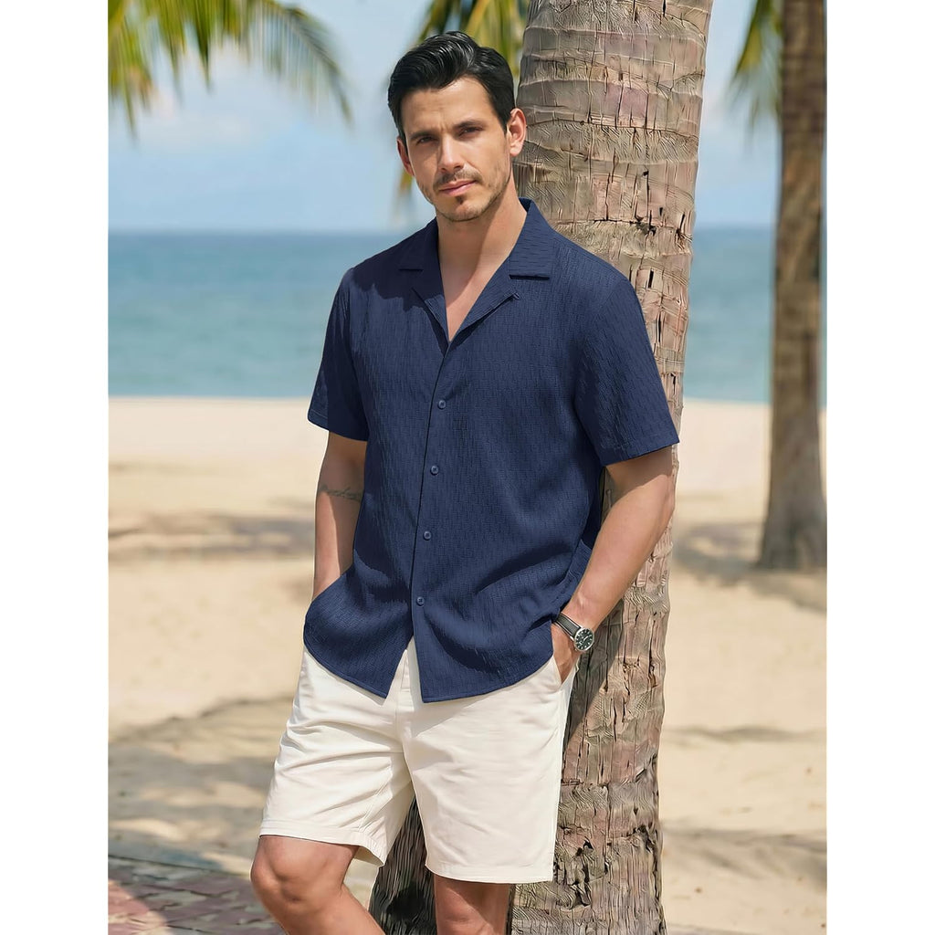 Eklentson Mens Button Down Shirt Short Sleeve Textured Cuban Shirts Lightweight Breathable Summer Beach Casual Shirt