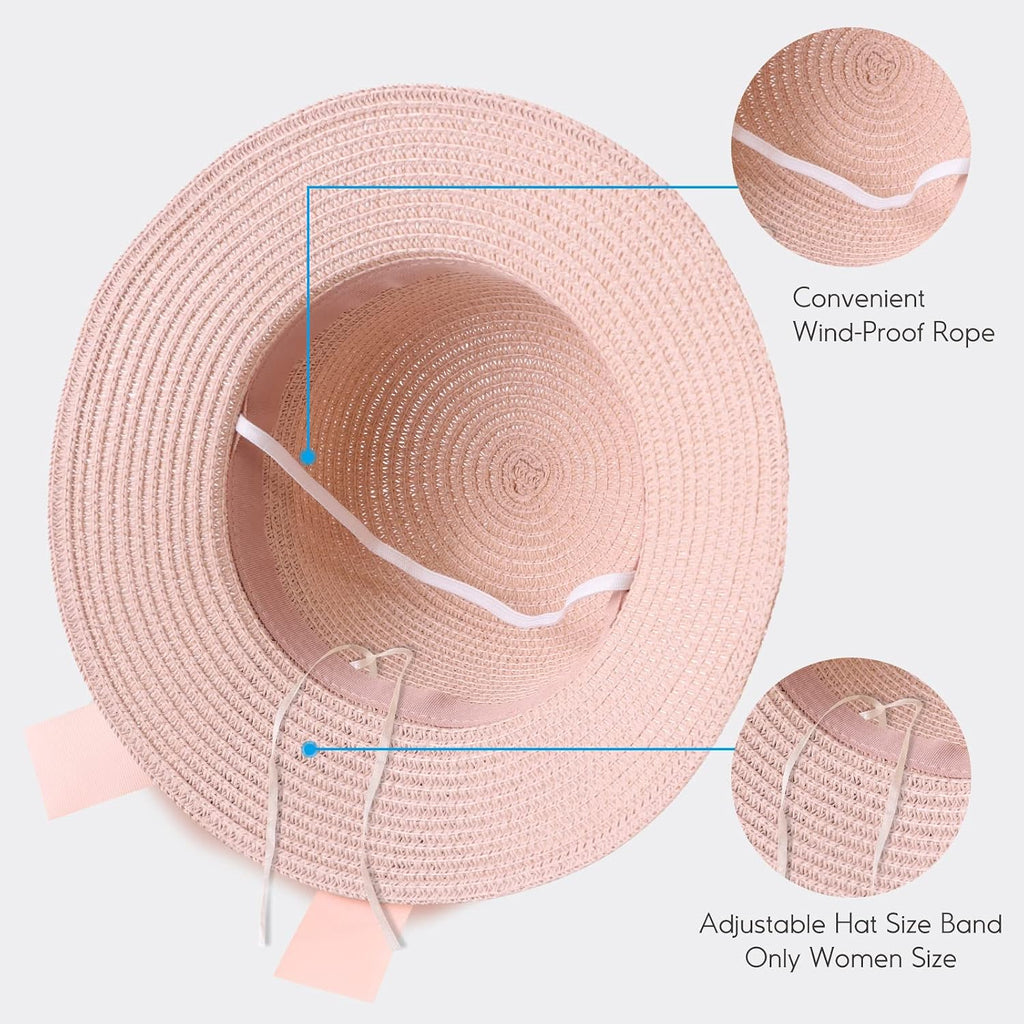 Women,Little Girls Straw Sun Hat Summer Beach Cap Foldable Visor Floppy Hats Wide Brim with Bowknot Pink Bow