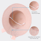 Women,Little Girls Straw Sun Hat Summer Beach Cap Foldable Visor Floppy Hats Wide Brim with Bowknot Pink Bow