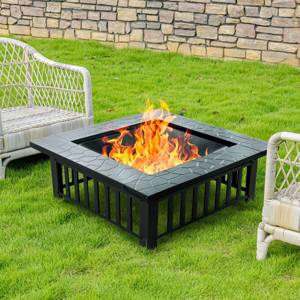 Econook 32 Inch Fire Pit, Square Outdoor Fire Pit Table With Spark Screen & Fire Poker, 3-In-1 Multipurpose Firepits For Outside, Fireplace For Yard, Garden, Patio