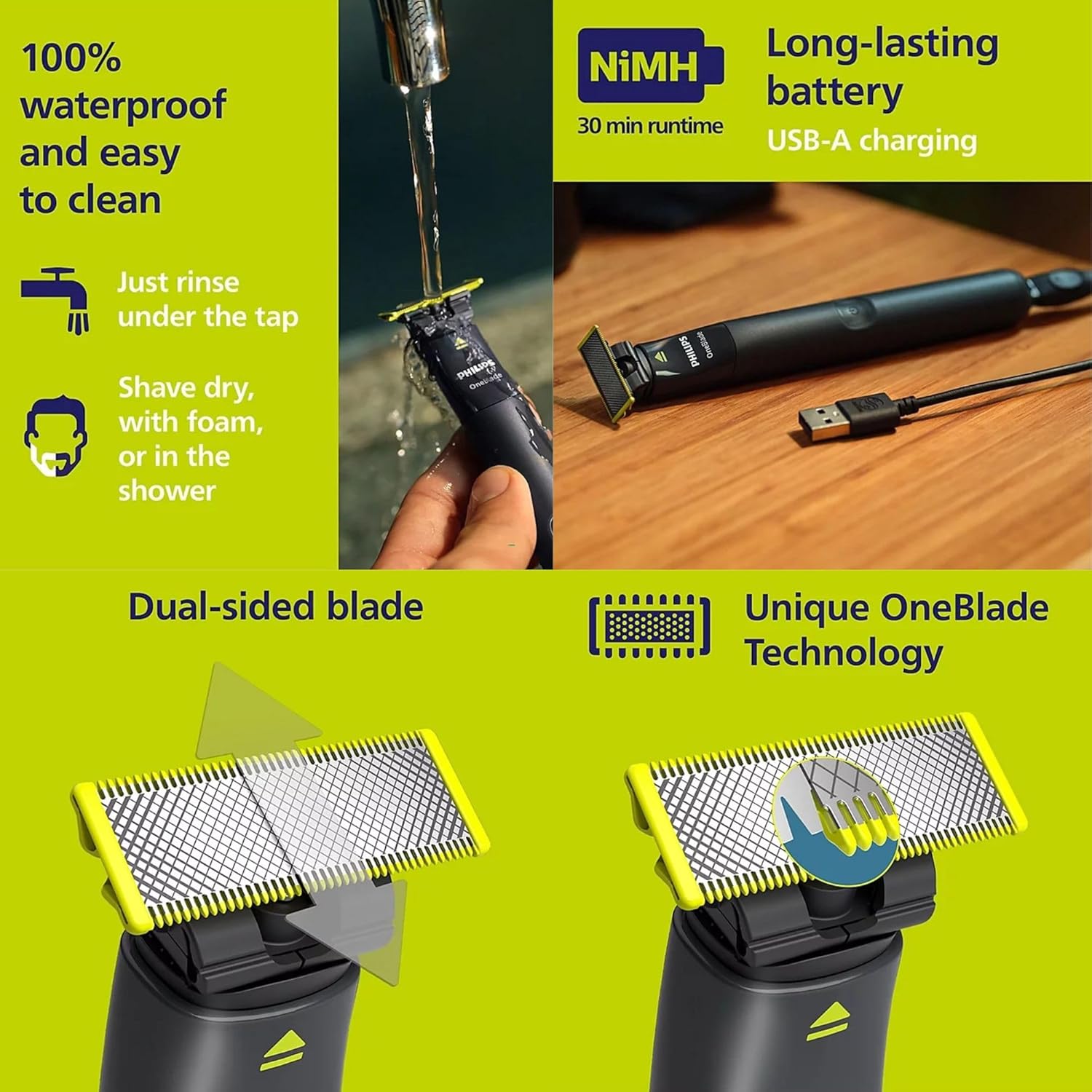 Philips OneBlade Trimmer & Shaver, Trim & Shave Any Length with Extra Skin Protection, Dual-Sided Blade, Waterproof Body Electric Razor, USB Charging, 2 Stubble Combs Included