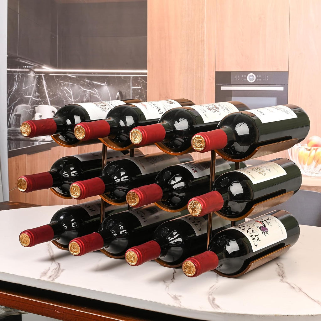 Countertop Wine Rack - 12 Bottle Freestanding Wine Bottle Holder Stand - 3 Tier Wooden Wine Storage Rack - Walnut Wavy Wine Organizer For Cabinet Pantry Home Kitchen Bar